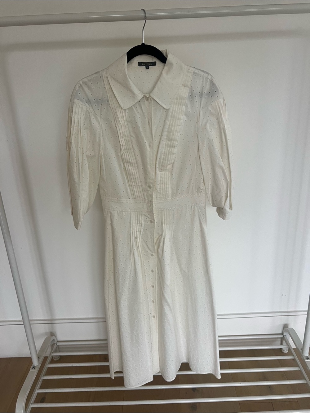 Zac Posen Button-Front Cream Eyelet Midi Dress with Pintuck Detail